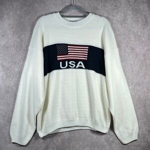 Vintage Boca Classics Sweater Mens Large White Knit USA Flag Patriotic Pullover‎